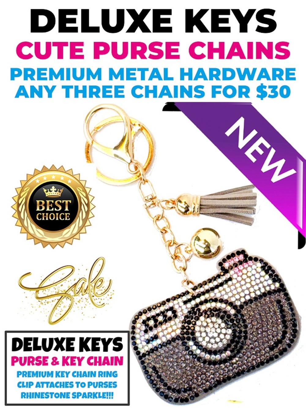 DeLuxe Keys Rhinestone Keychain/Purse Chain GREY CAMERA